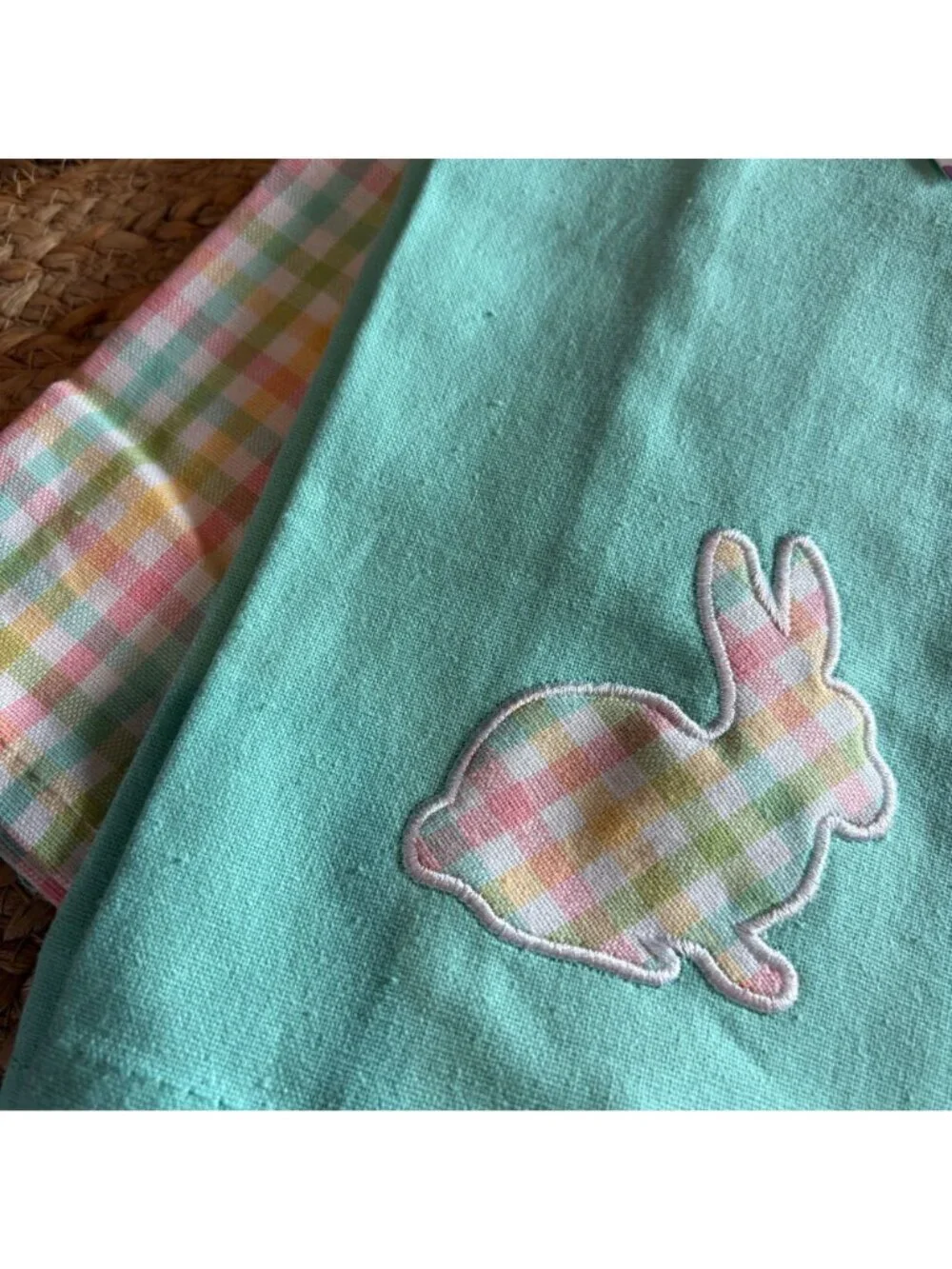 New Set of 4 Spring Easter Kitchen Towels Teal Aqua Plaid Bunny Rabbit Embroider